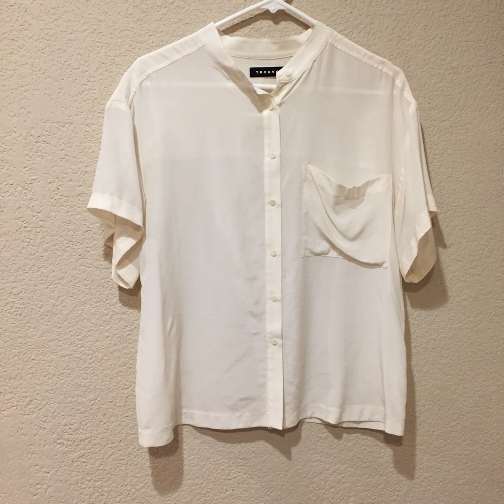 Trouve silk pocket front button down blouse